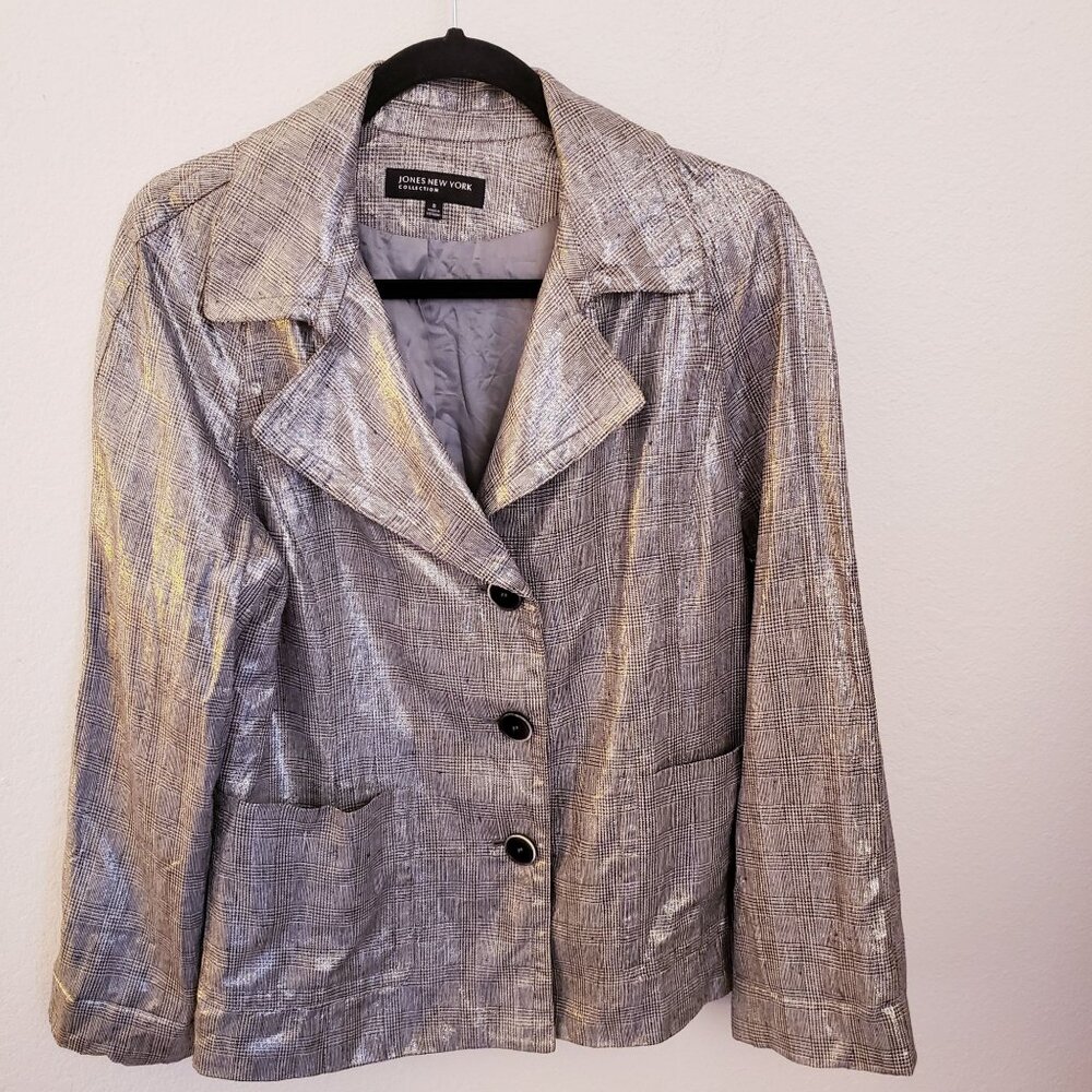 Vintage Jones New York Silver Metallic Plaid Linen Blend Jacket Size 8 GUC